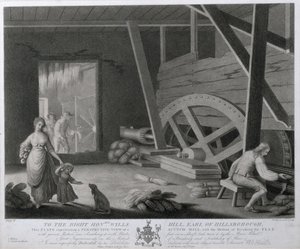 Et perspektivbilde av en Scutch Mill med en metode for å bryte lin, plate V av Linen Manufactory of Ireland, 1783 (mezzotint)